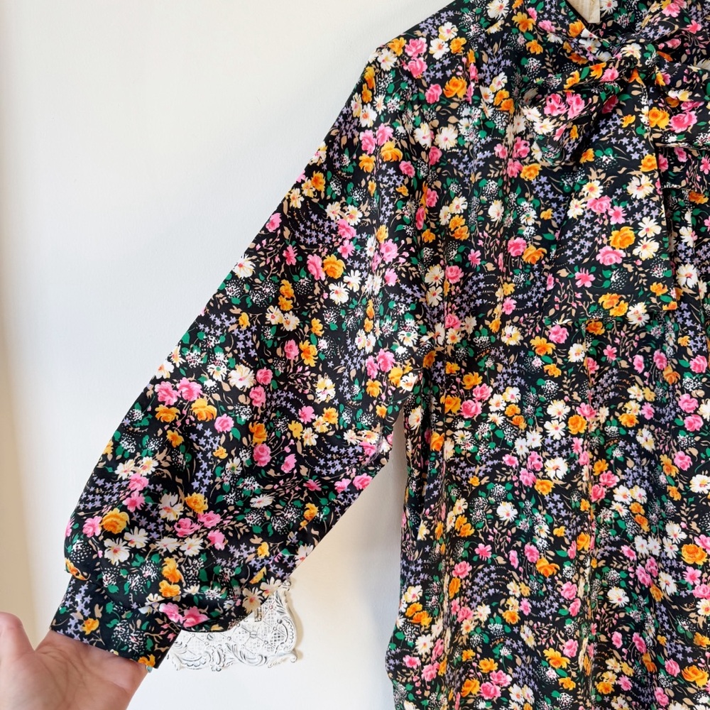Vintage 70s Atkins Black Floral House coat Dress Muumuu Maxi Dress Pockets M - Picture 6 of 10